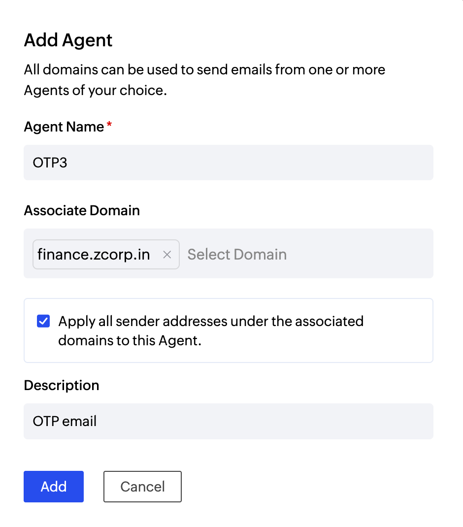 Apply all sender addresses under the associated domains to this Agent.