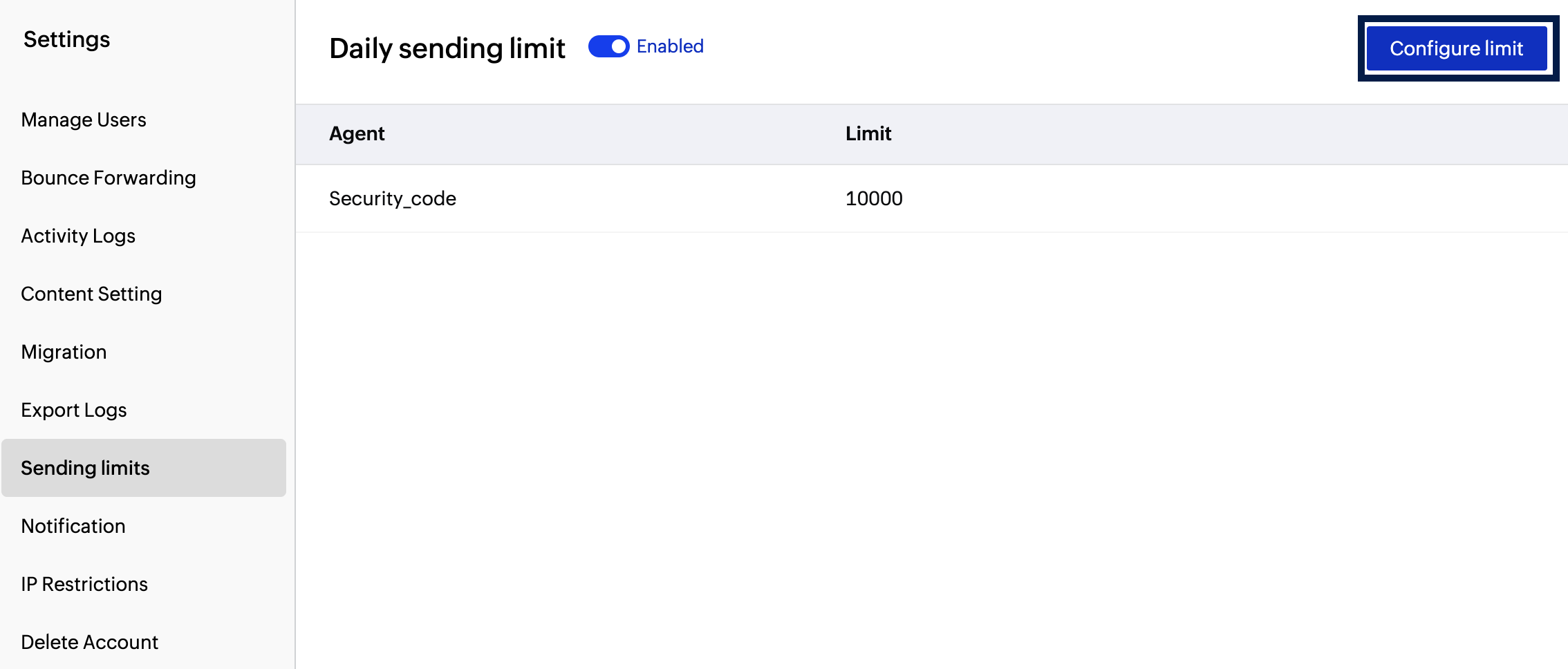Configure limit Configure limit