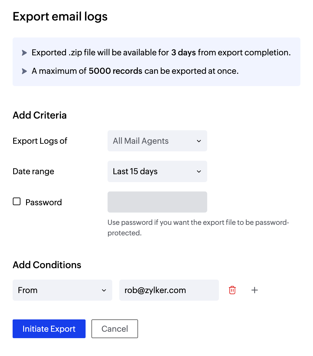 UI screenshot of export email logs