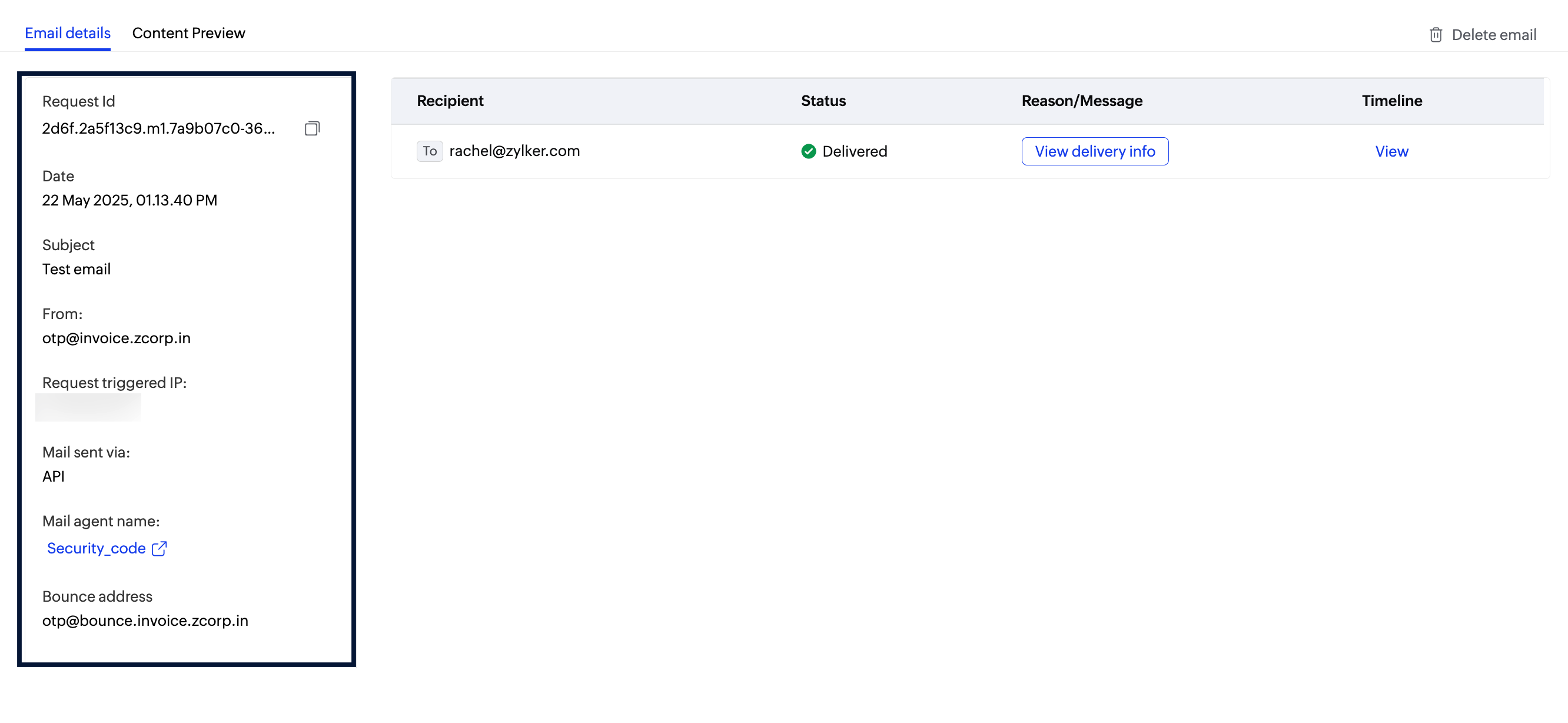 Email details tab