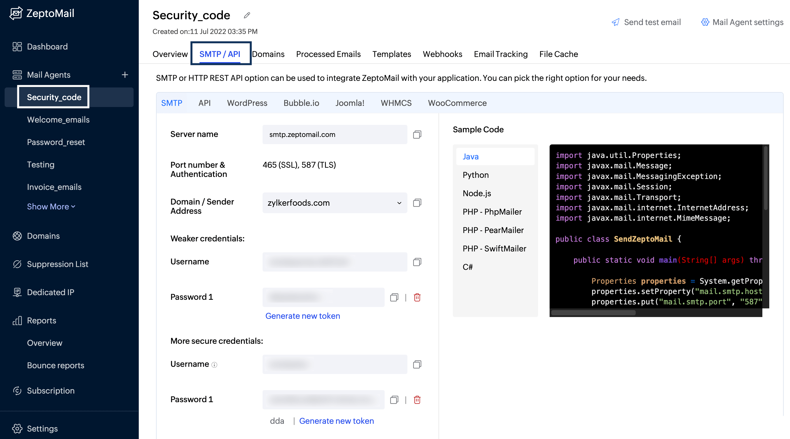 SMTP/API section