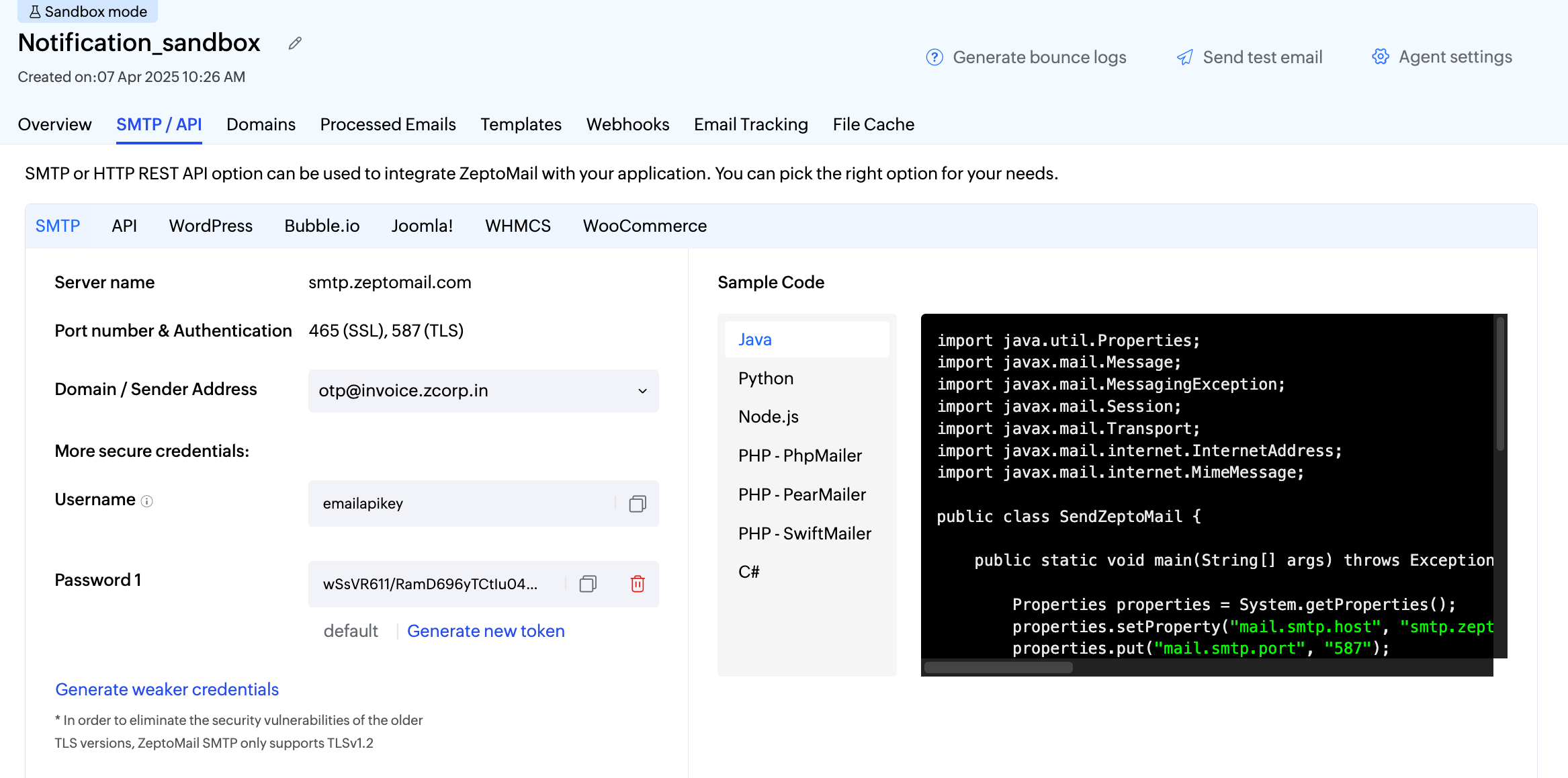 Sandbox smtp api configuration