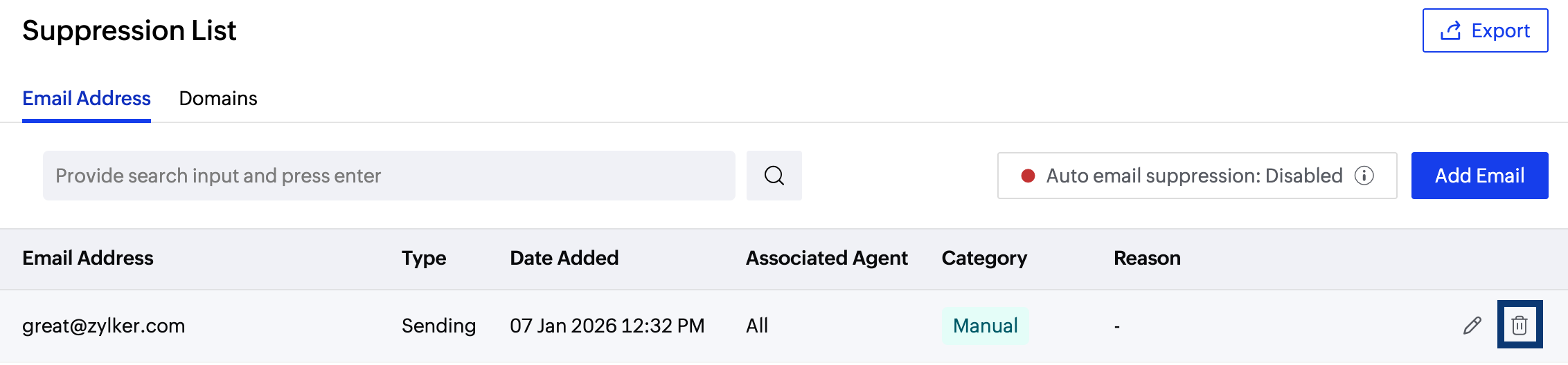 Delete suppression entries Delete suppression entries