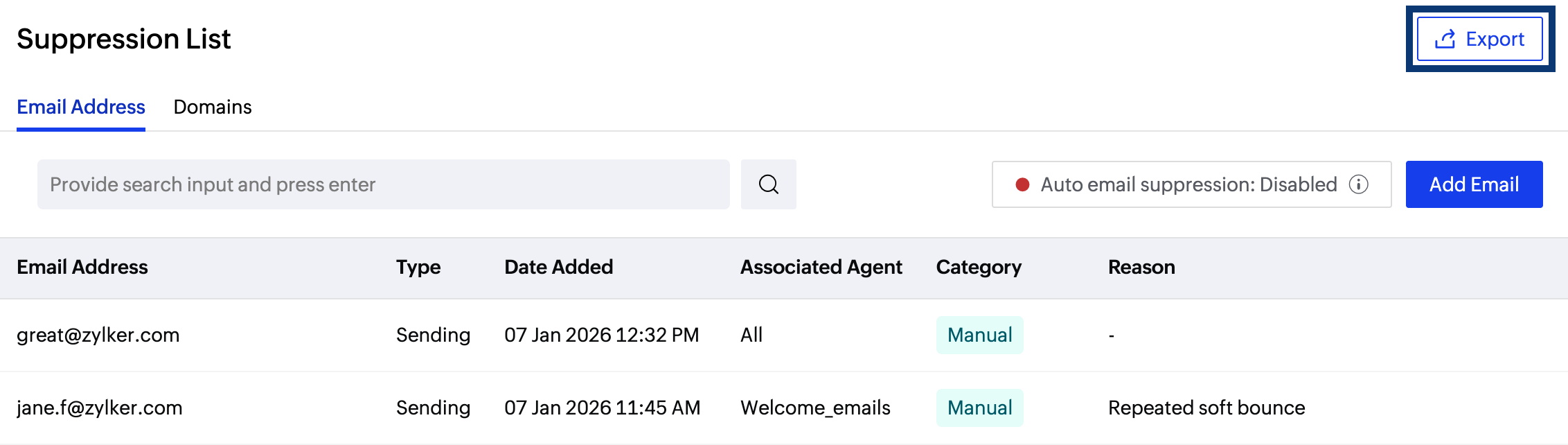 Export suppression list Export suppression list